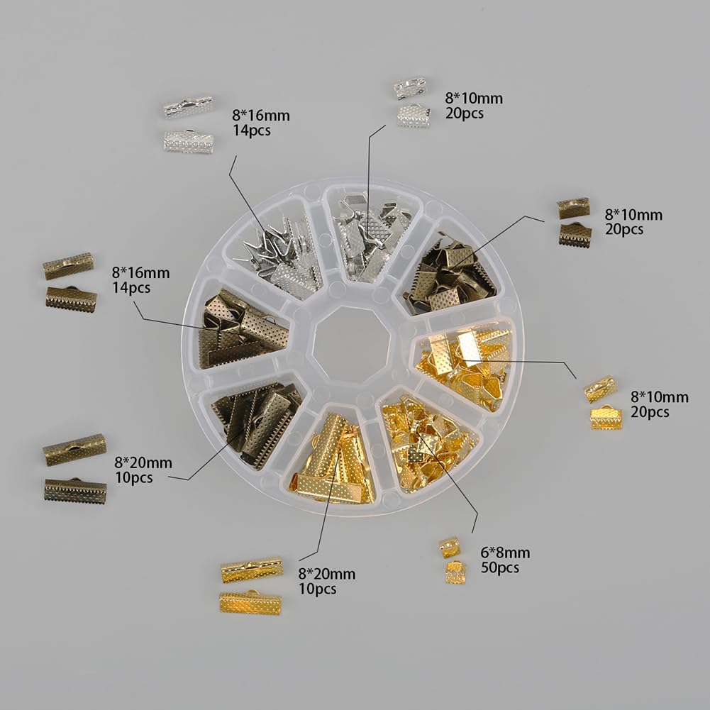 UUYYEO 135 Pcs Bracelet Ribbon Clamps Jewelry Making Crimp Ends Leather Cord Clasps Ribbon Bracelet Metal Crimp Ends Cord Clamp Ends Leather Fastener Clasps with Storage Box