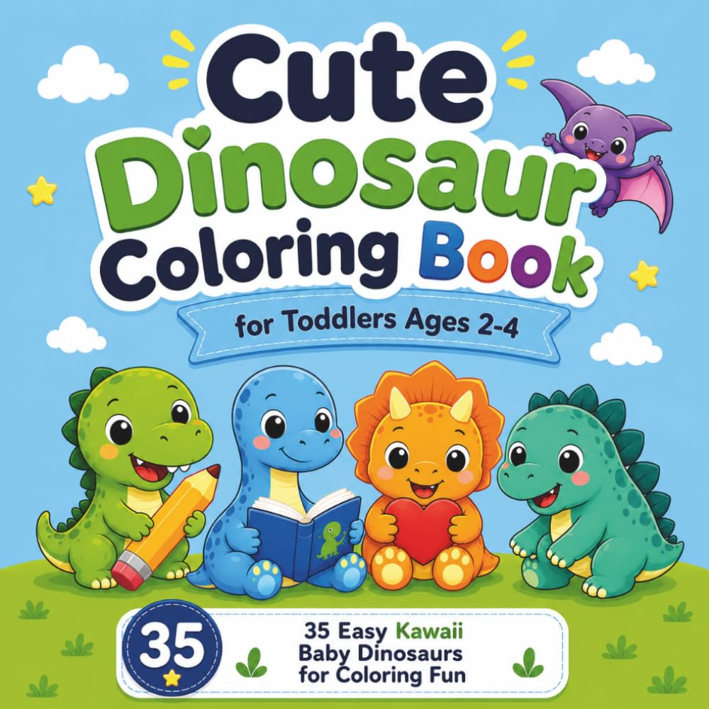 Cute Dinosaur Coloring Book: For Toddlers Ages 2-4 | 35 Easy Kawaii Baby Dinosaurs for Coloring Fun