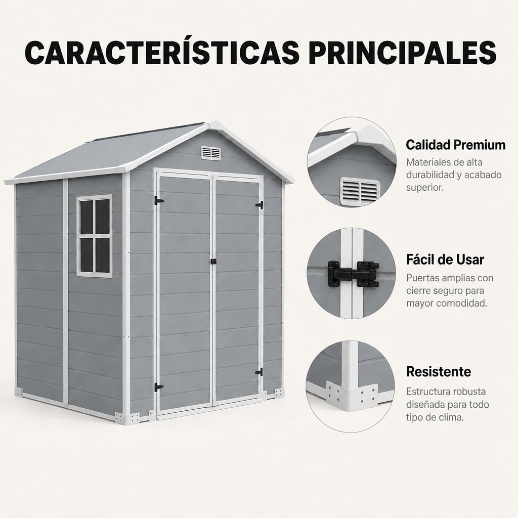Caseta de Jardín de Resina – Cobertizo Exterior de Polipropileno Resistente a la Intemperie, con Cierre de Seguridad, Montaje Fácil y Gran Capacidad para Herramientas (185×152×220 cm(2,81 m²))