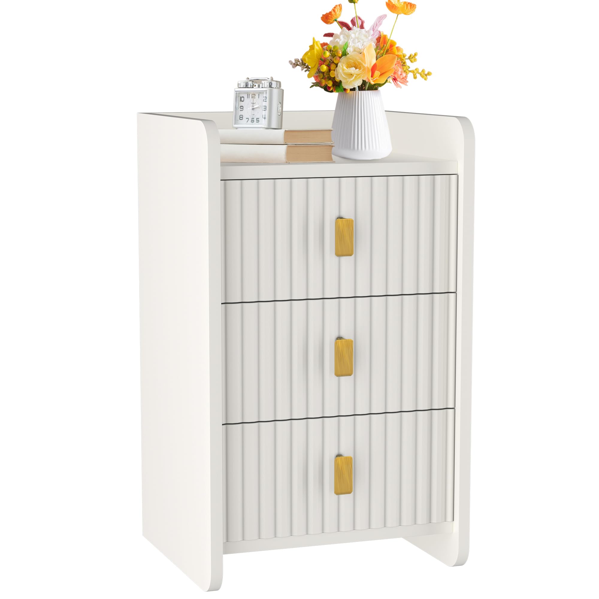 ESTUWD Bedside Table with 3 Drawers - Modern Nightstand - Bedside Cabinet Wooden Fluted Easy to Assemble - Bed Side Table for Bedroom Living Room Small Spaces - 33 * 30 * 55 cm ((1, White) โ image 1