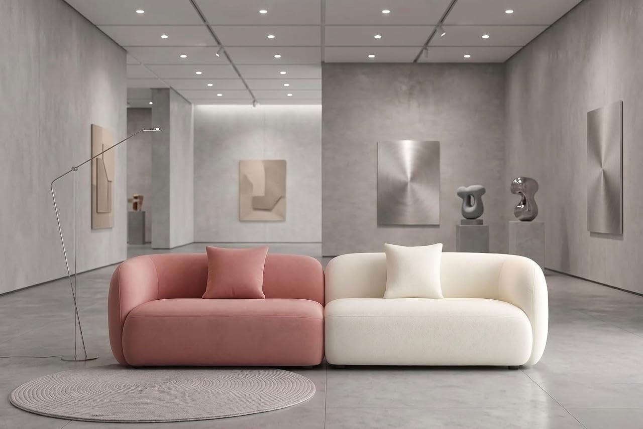 Royal Wood FURNISHINGS/Mina110 Modern Curved 4-Seater Sectional Sofa – Luxury Boucle Upholstered Sofa with Pillows (Pink/Ivory)-image-40