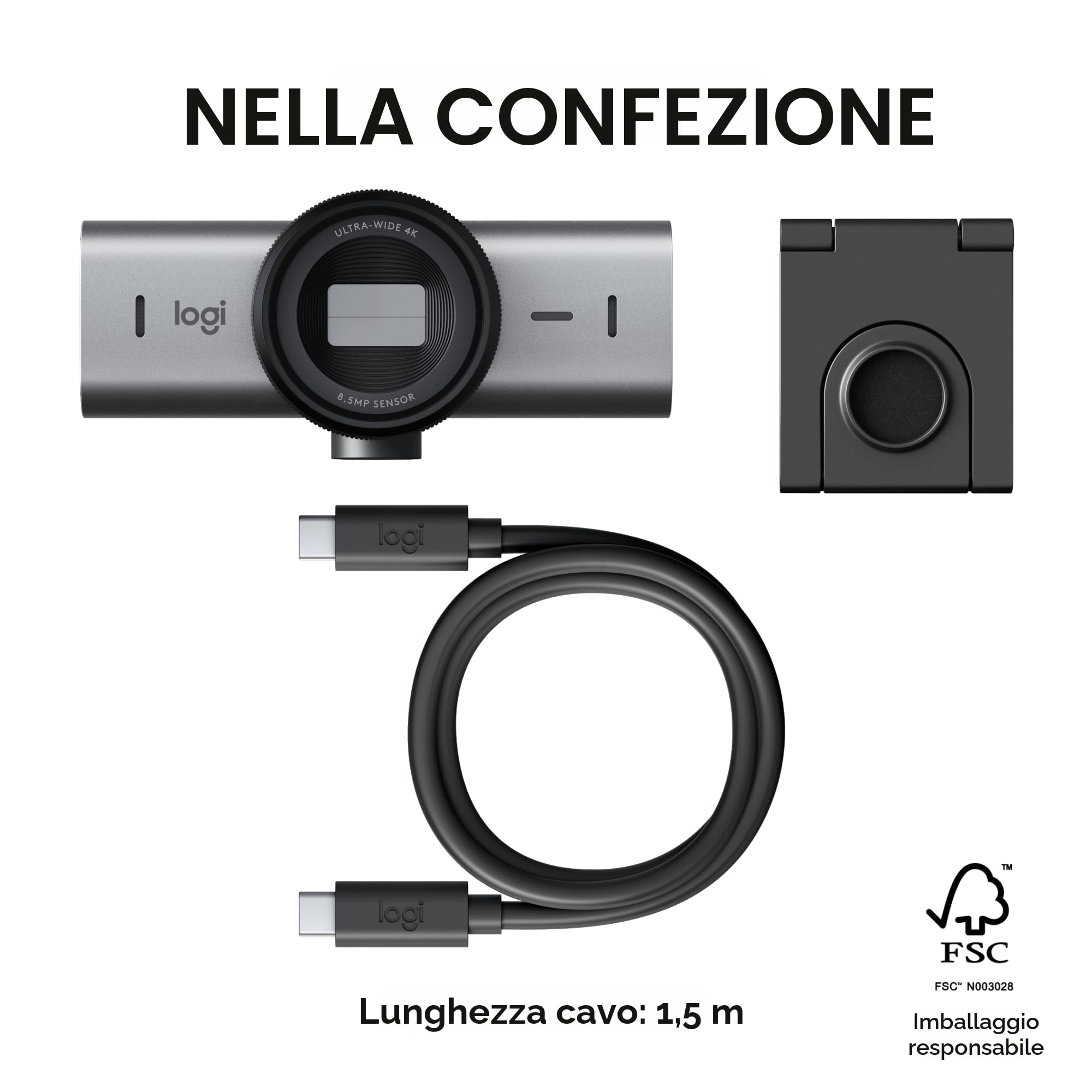 Logitech MX Brio Webcam Ultra HD 4K di Collaborazione e Streaming, 1080p a 60 fps, Doppi microfoni per ridurre il rumore, Modalità Show, USB-C, Copertura Webcam, Funziona con Microsoft Teams, Zoom,