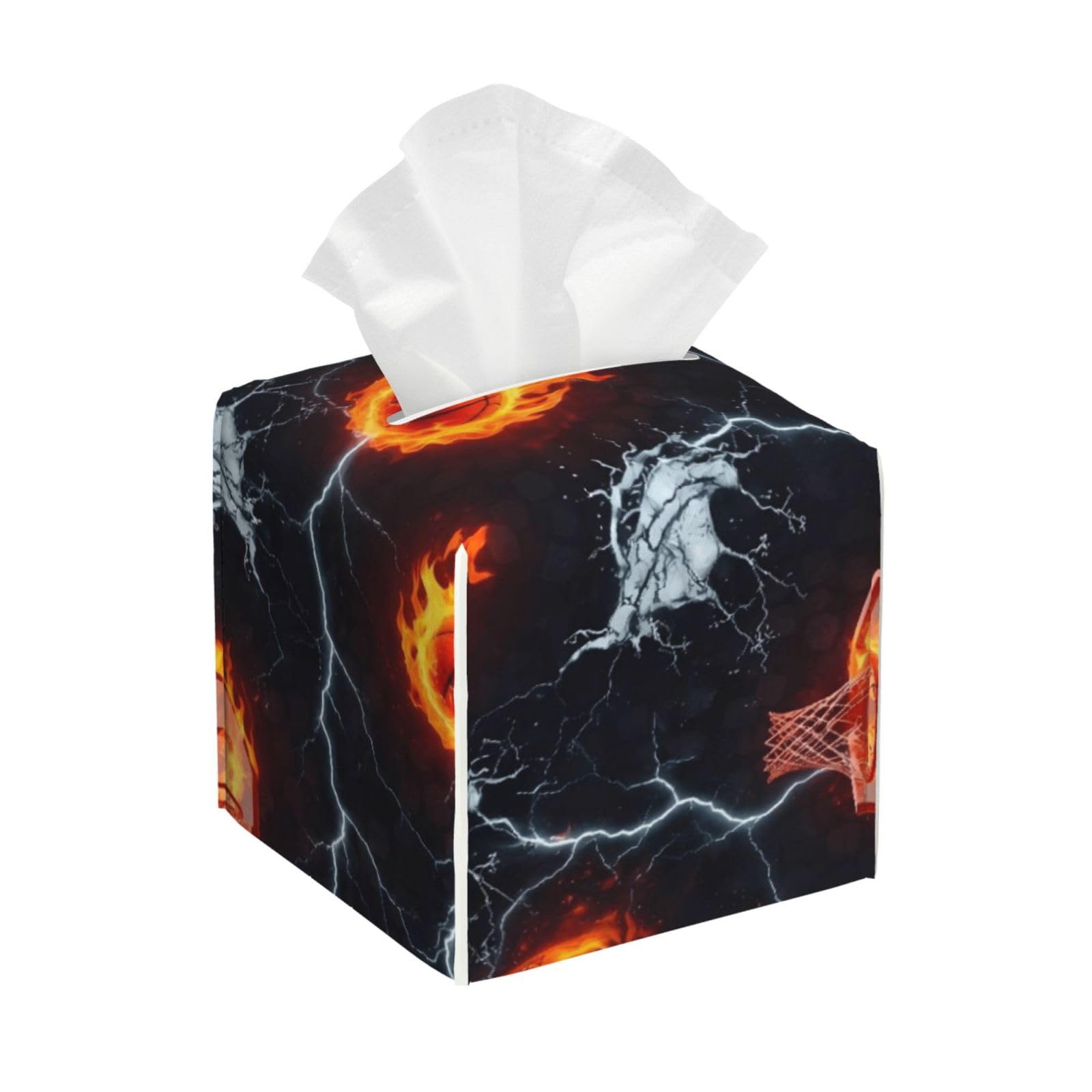 Cool Water Fire Basketball Leather Tissue Box Cover Holder Square Facial Paper Organizer 5.2" X 5.2" X 5.2"