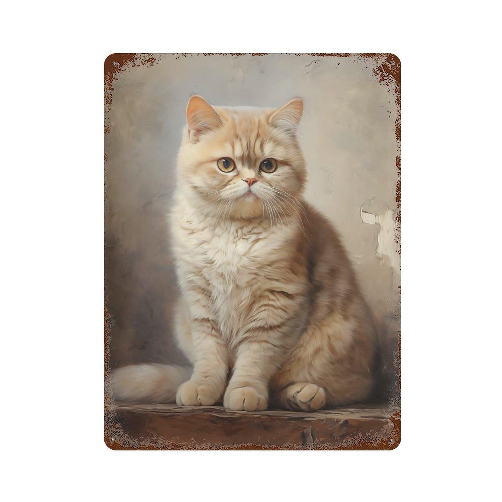 Weathered Tin Sign with Exotic Shorthair Cat Design 15.7"x11.8", for Shed, Workshop And Garage Wall Decor, Decorative Metal Wall Art