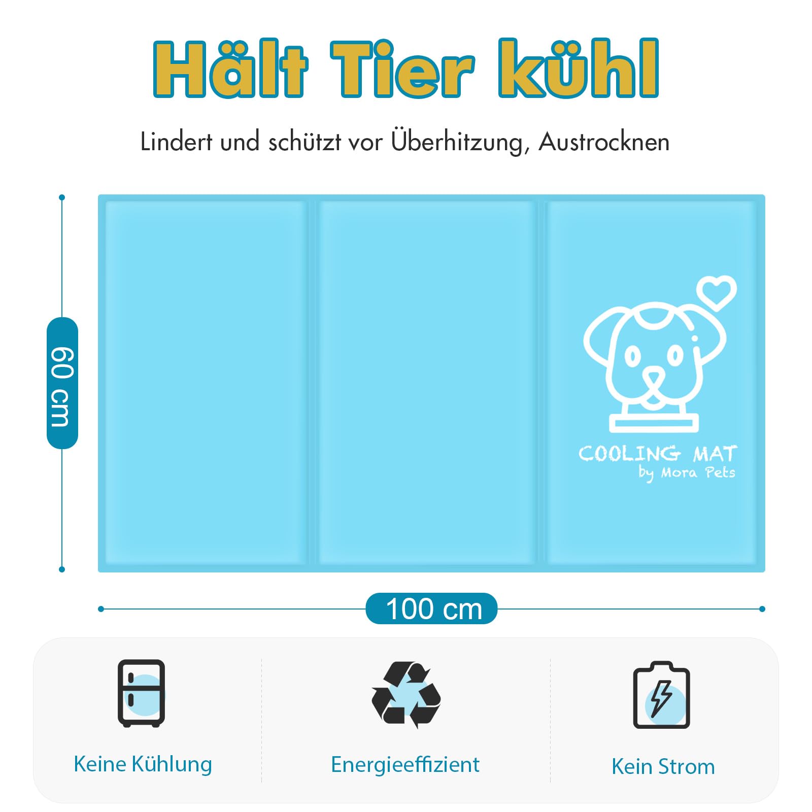 Pawtasy Kühlmatte für Hund, Kühldecke, Kühlkissen mit Gel für Große Haustiere, Hundekühlmatte Selbstkühlend - XL 100 x 60 cm, Blau