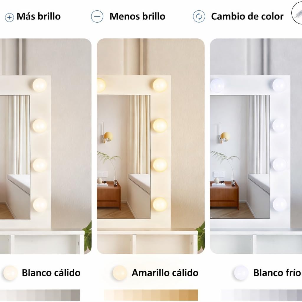 Tocador de maquillaje con Luz | Mueble tocador con Espejo 2 cajones y estantes de almacenamiento | Mesa de maquillaje moderno blanco para dormitorio, cómoda organizadora cosméticos y joyas