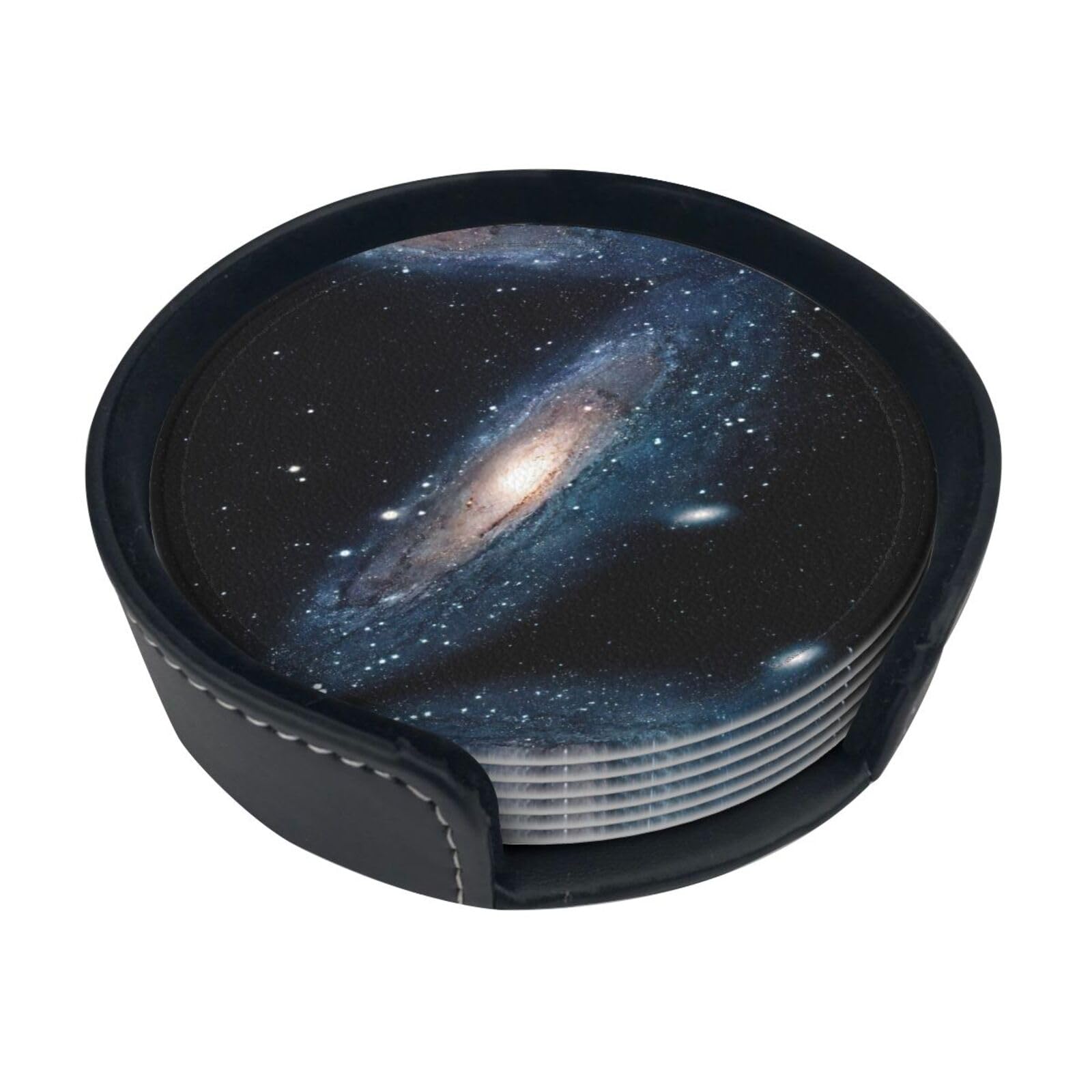 Galaxy Universe Stars Outer Space Print Leather Coasters Set Of 6 With Holder,4 Inch Round Drink Coasters,Heat Resistant,Easy Clean For Home & Bar