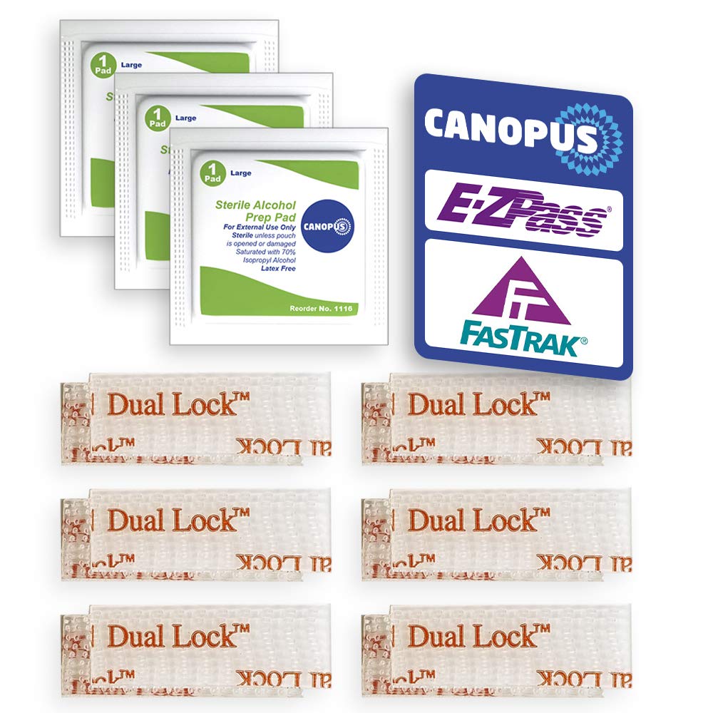 CANOPUS EZ Pass Mounting Kit – Dual Lock Reclosable Fastener Strips with Adhesive Backing (6 Sets, 12 Pieces) + 3 Cleaning Prep Pads – Tag Holder Tape for Toll Transponders