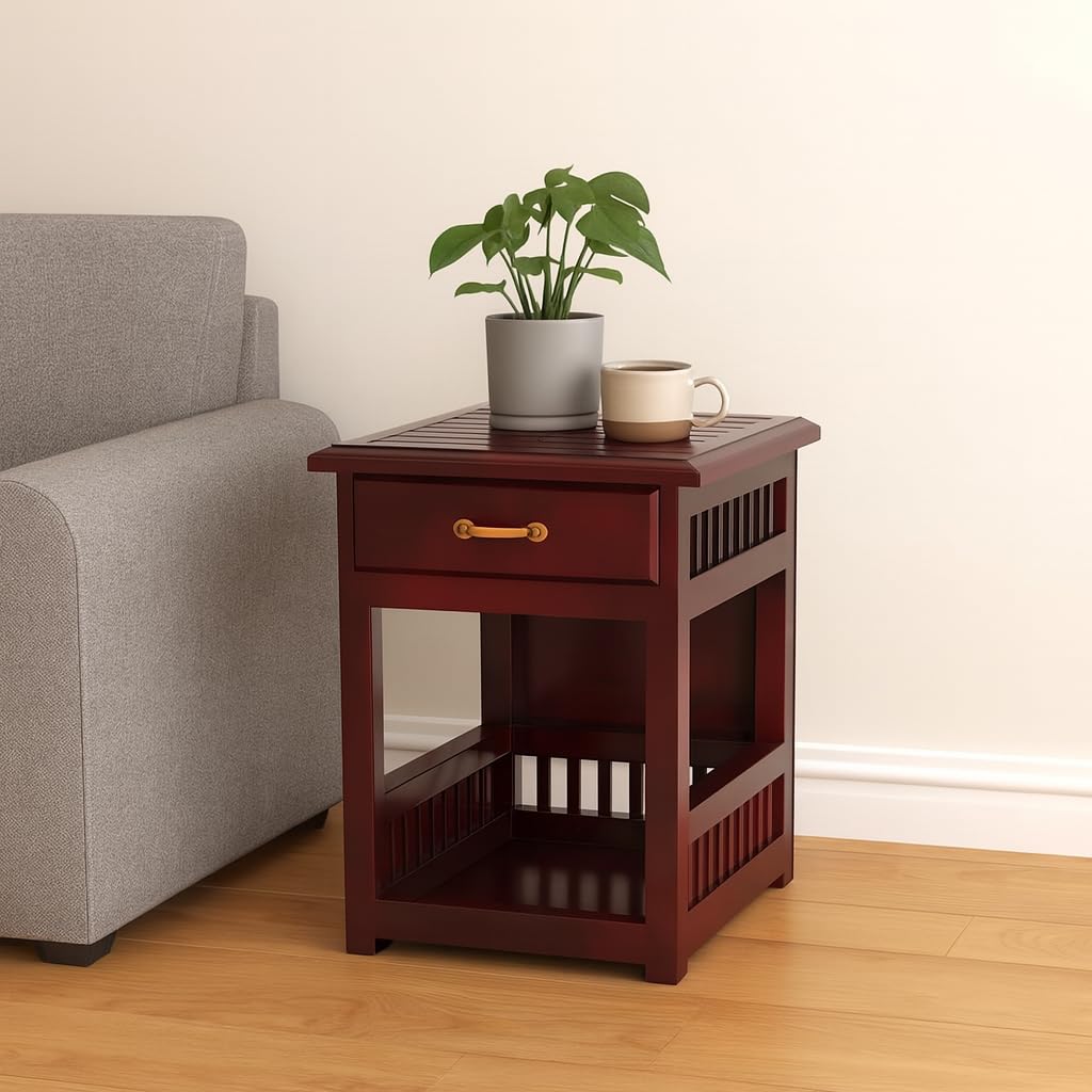 Rustic Wooden Side Table with Storage Drawer, Mango Wood, Mission Style End Table, 35 x 35 x 45.5 cm (Brown, Mahogany)-image-39