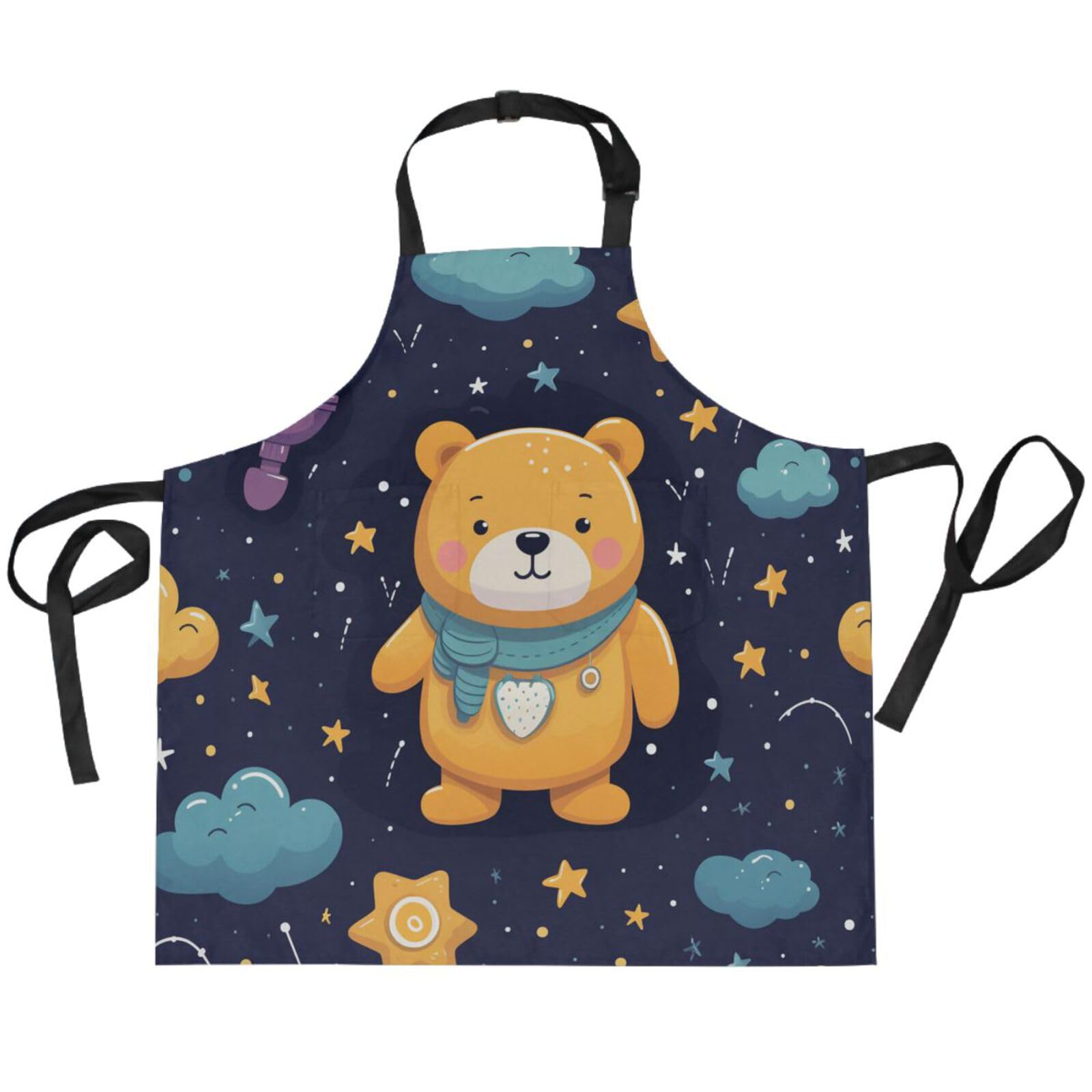 KAAVIYO Cute Bear Star Cloud Apron for Cooking Women Chef with 2 Pockets Adjustable Neck Strap Kitchen Bib Waitress Aprons for Baking Men Kid