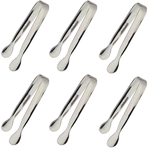 6PCS Ice Tongs Mini Sugar Tongs 4.25Inch Stainless Steel Small Serving Tong, Tiny Kitchen Tong for Appetizers,Tea Party, Coffee Bar, Desserts by Sunenlyst (Silver)