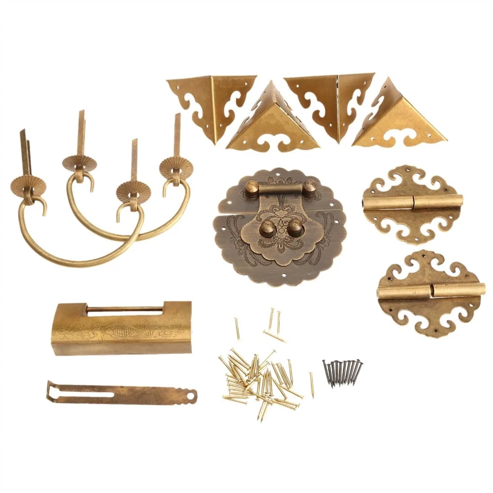 Juego de herrajes for Muebles de latón, perillas y manijas de Caja de Madera, bisagras, pestillo, Cerradura, Pasador en Forma de U y Protector de Esquinas