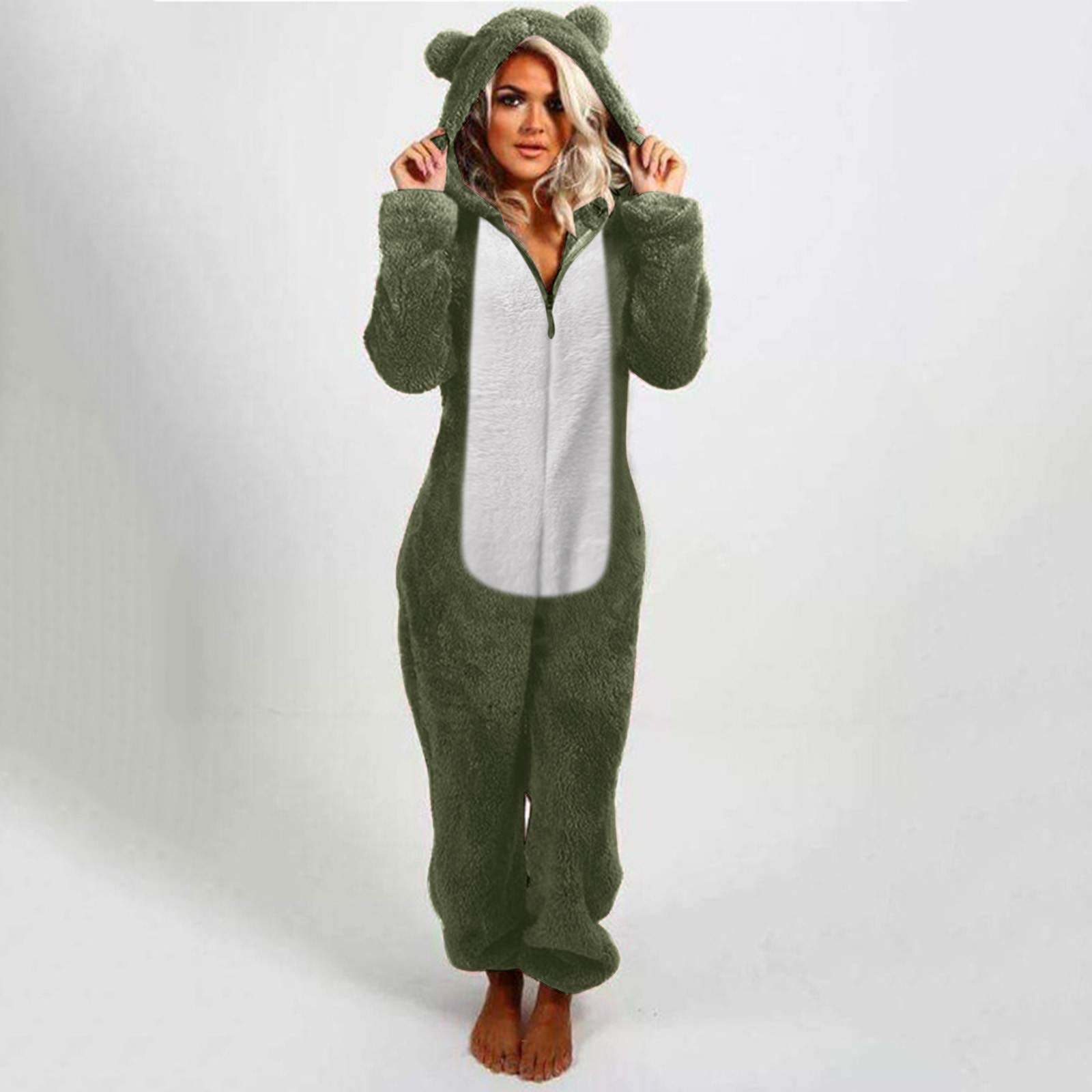 Onesie - Tutina da donna in pile, casual, tinta unita, per adulti e donne, pigiama, a maniche lunghe, con orsacchiotto, in pile, verde militare, xxl