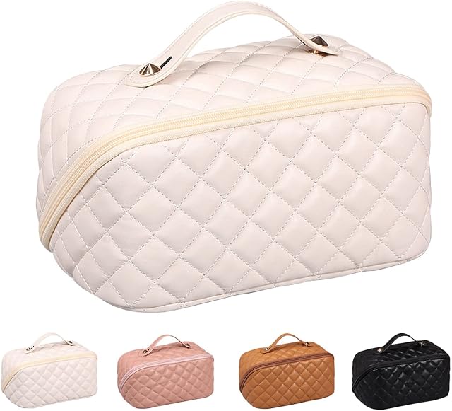 Large Capacity Make Up Bag Travel Cosmetic Bag for Women, PU Layered Makeup Organiser Bag Travel Bags Portable Waterproof Toiletry Bag Pouch Wash Makeup Bag with Zip