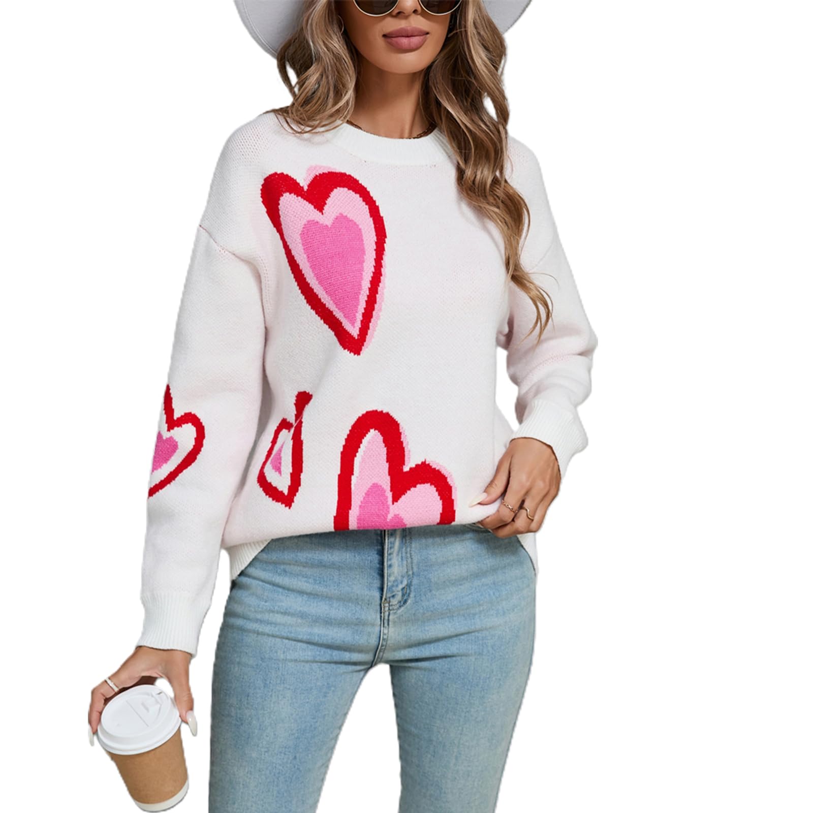 Womens Knitted Oversized Sweater Valentines Cute Heart Long Sleeve Casual Pullover Sweaters Top