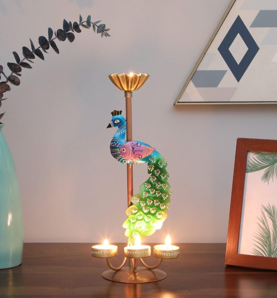 CraftVatika Elegant Metal Peacock Candle Holder - Perfect Home Decoration Diwali, Intricate Design Tealight Candle Holders for Home Diwali Christmas Dรฉcor (Single Side)