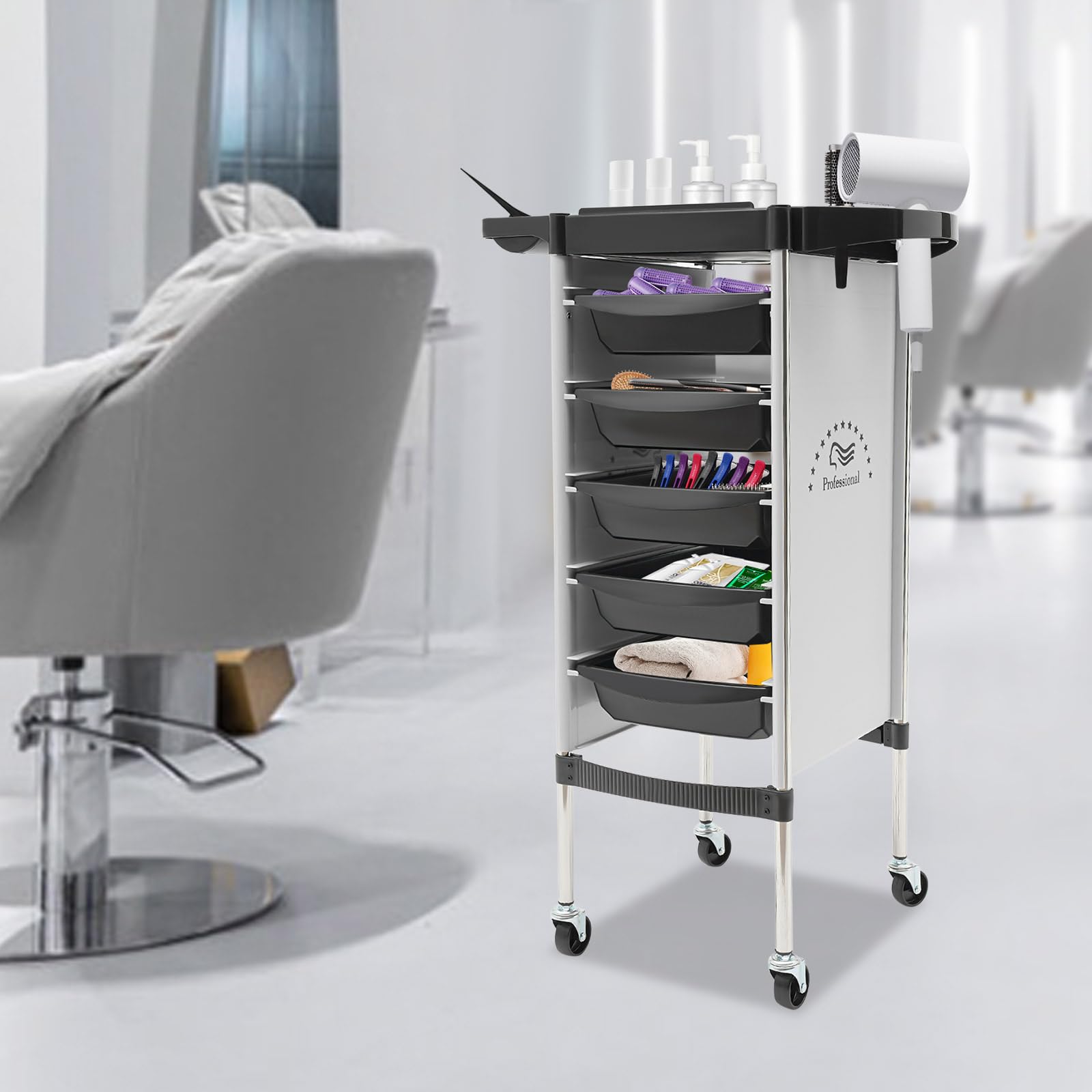 Carrito de salón con 6 niveles, carrito de peluquería con 5 cajones, carrito de salón con ruedas, carrito de operación, carrito apilable, carrito de salón para salón de belleza (color ceniza)