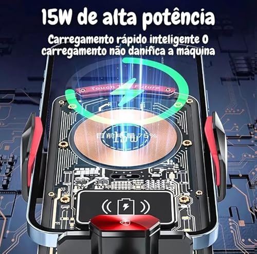 Suporte Veicular Wireless para Smartphone com Carregamento Rápido, Base Ajustável, Preto