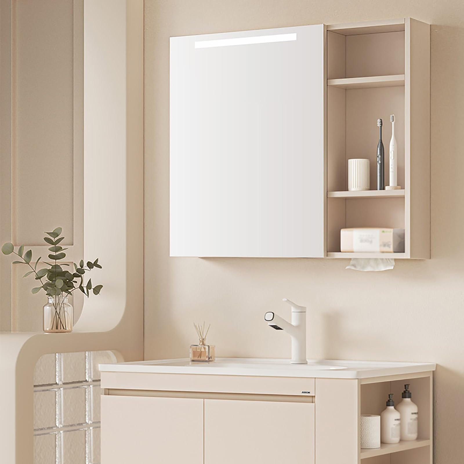 Armario LED con espejo de baño con función antivaho, ahorro de espacio, solución de almacenamiento para baño y lavandería, diseño elegante montado en la pared