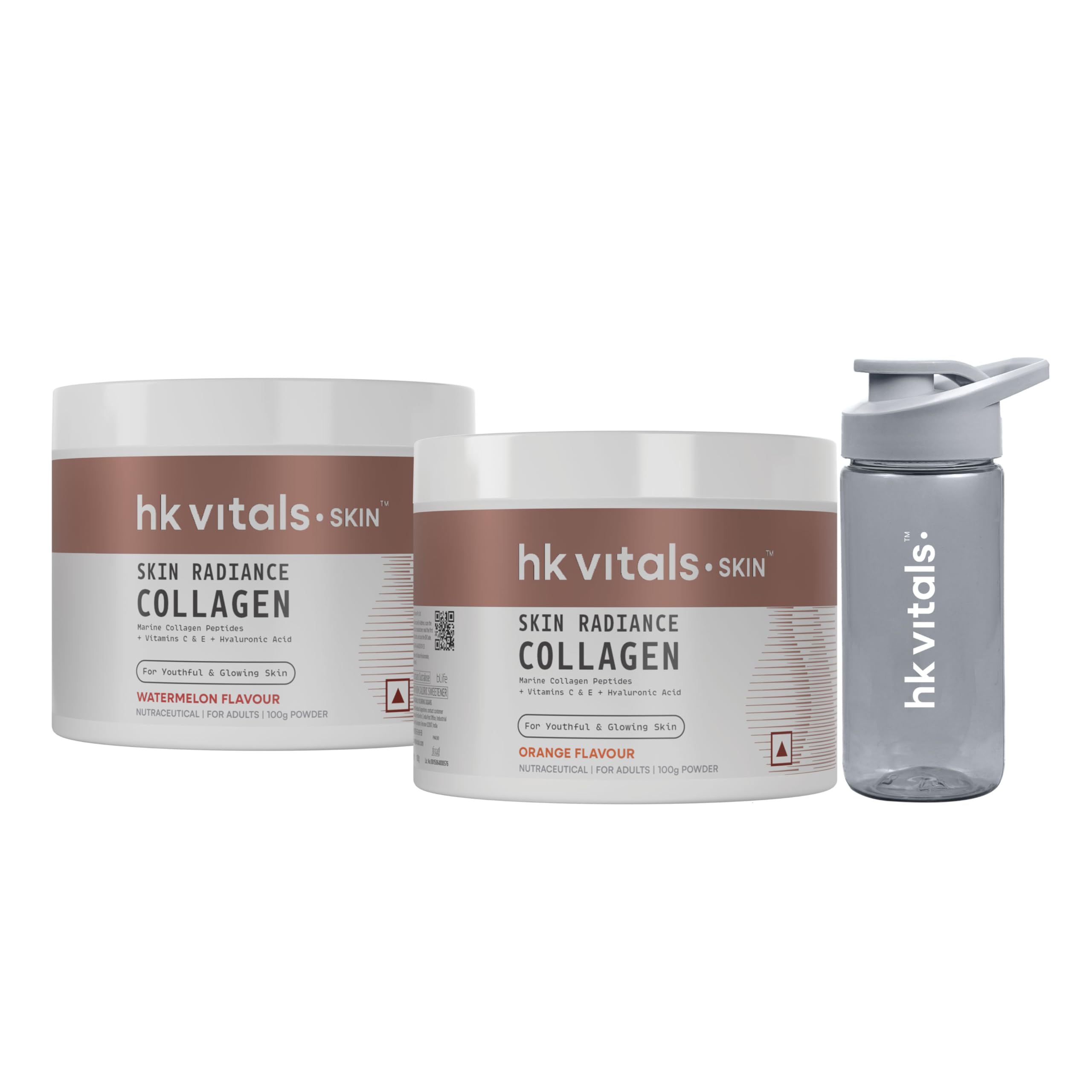 HealthKart Hk Vitals Skin Radiance Marine Collagen Supplement (Orange & Watermelon,2 X 100 G) & Sipper Bottle (Grey,300 Ml) Combo Pack |Vitamin C & E|For Healthy Hair & Skin,Powder,3 Count,12 Servings