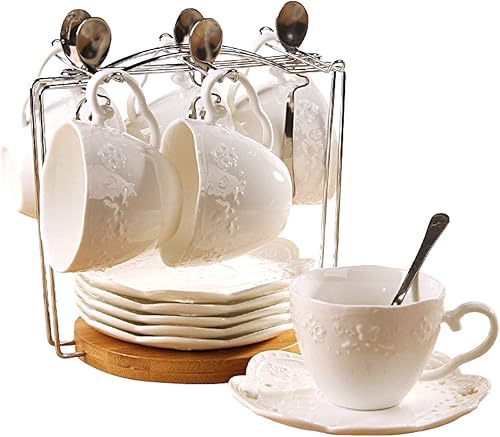 Jusalpha juego de taza de té y platillo de café de porcelana con plato y cuchara, 20 unidades, juego de 6, Blanco