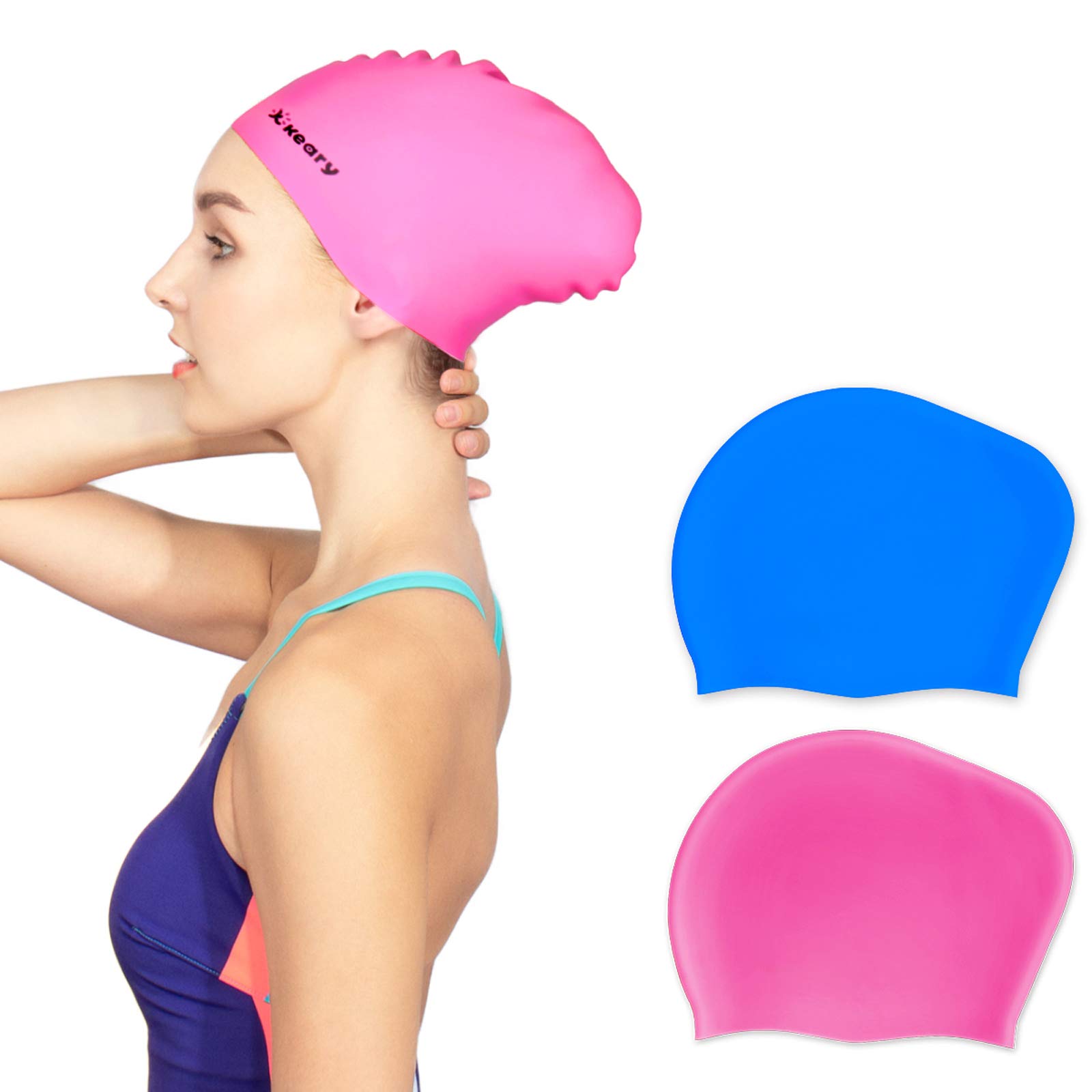 Keary 2 Pack Silicone Swim Cap for Long Hair Women Girls Waterproof Pool Swimming Cap Cover Ears to Keep Your Hair Dry, 3D Ergonomic Stretchable Durable and Anti-Slip, Easy to Put On and Off
