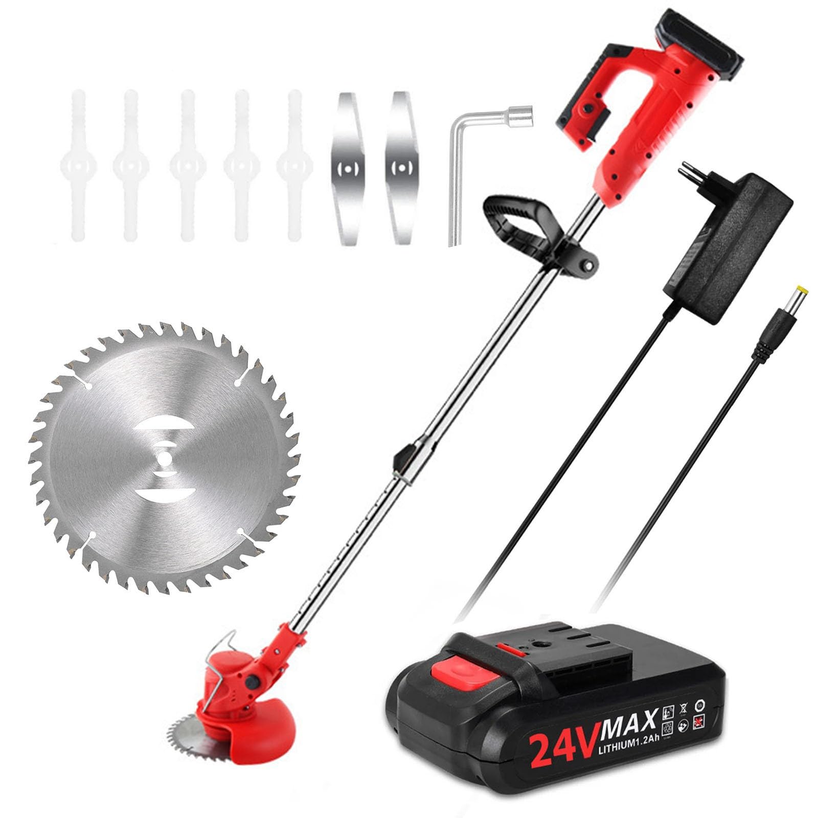 CortacéSped Y Bordeadora EléCtrica Para JardíN,CortacéSped De 24 V BateríA InaláMbrica De 4 Ah,Para Desbrozadora De JardíN Limpieza De Malas Hierbas(1pcs battery,red)