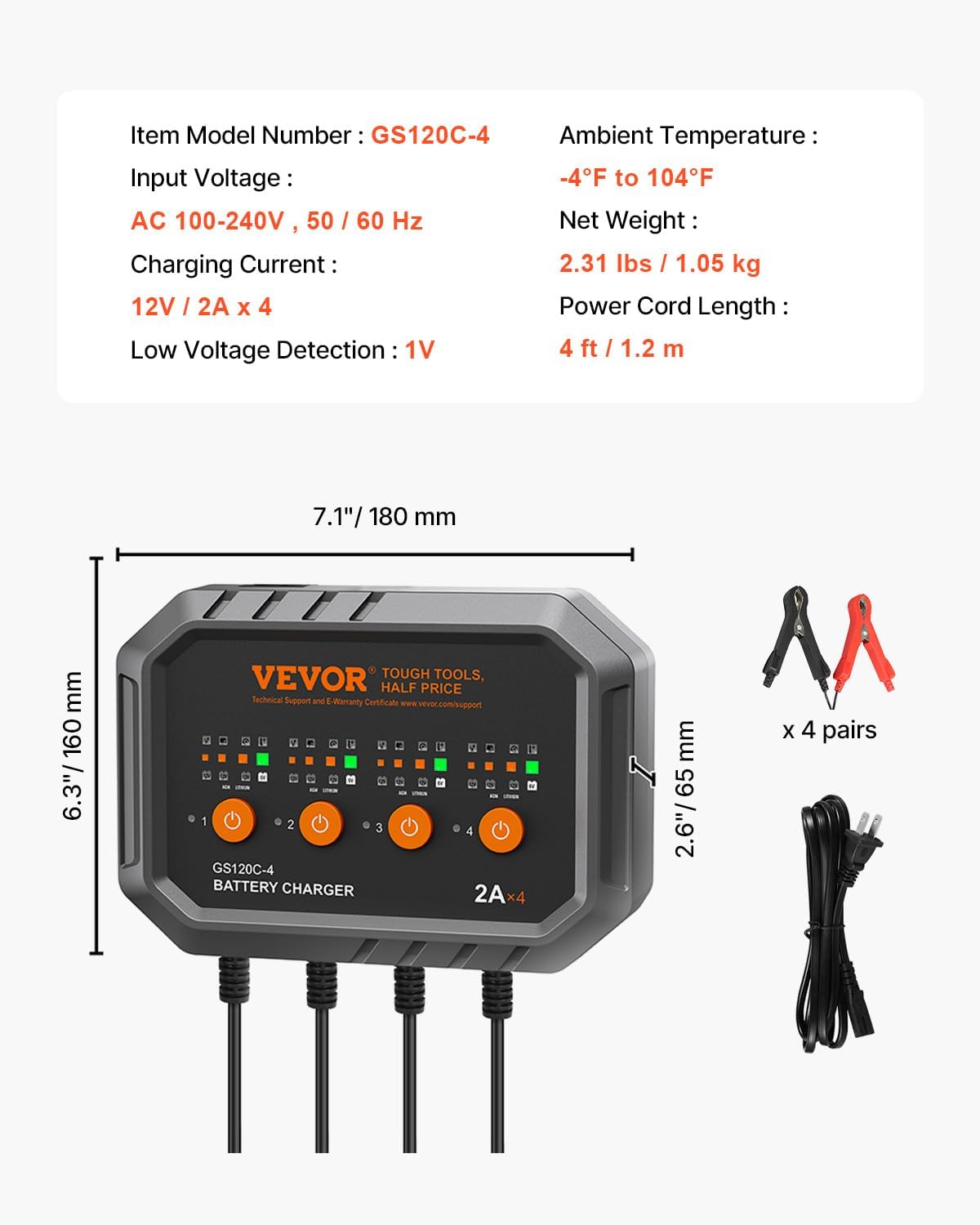 VEVOR Battery Charger, 8-Amp, LiFePO4 Lead-Acid (AGM/Gel/SLA) Smart Car Battery Charger, Fully-Automatic Smart Charger Maintainer, for Car Motorcycle Lawn Mower Golf Cart Boat Marine Deep Cycle