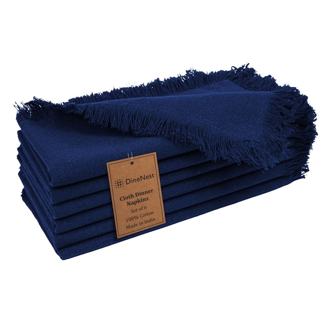 DineNest Cloth Dinner Napkins with Fringes 20x20 Inch 100% Cotton Set of 6 - for Dining Special Occasions Wedding Holidays Easter - Soft Durable Washable - Elegant Table Cloth Napkins Navy Blue