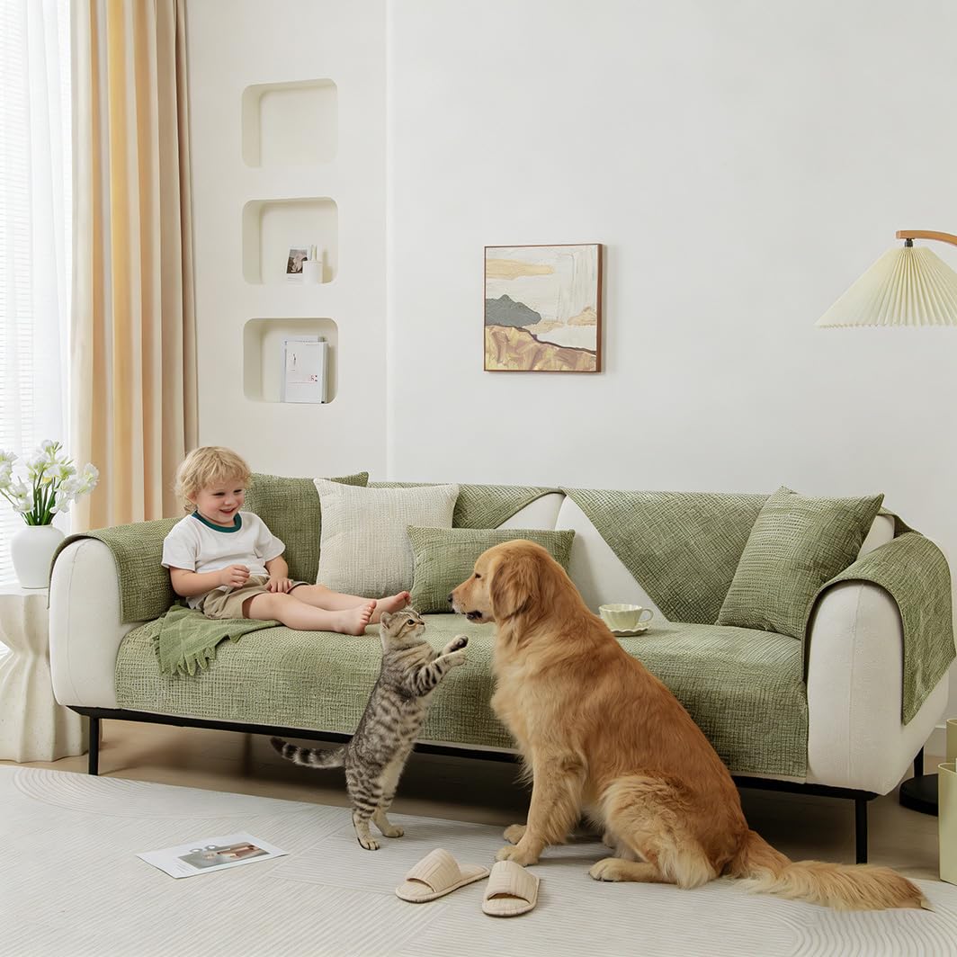 Generisch Weiche Chenille Sofa Überzug Sofabezug: Plüsch rutschfest Sofaschoner Sofa Cover 1/2/3/4 Sitzer Couch Überzug Sofaüberwürfe für U Form L Form Sektionssofa (Grün, 90x240cm)