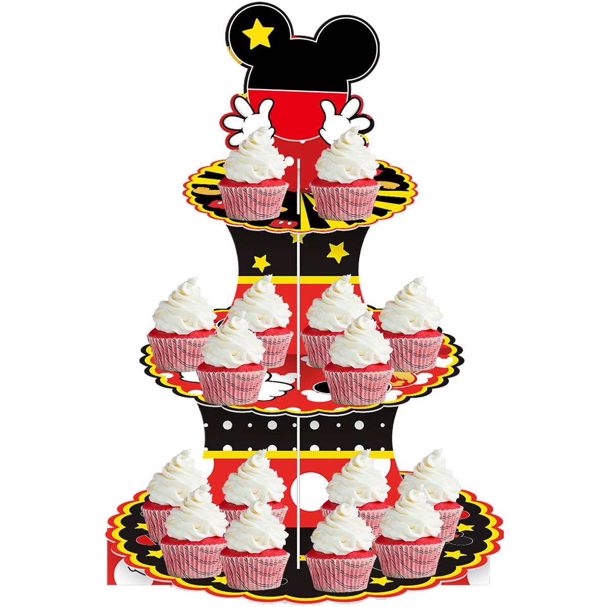 3-Tier Cartoon Mouse Themed Birthday Cupcake Stand,Black and Red Mouse Dessert Stand Birthday Party Supplies