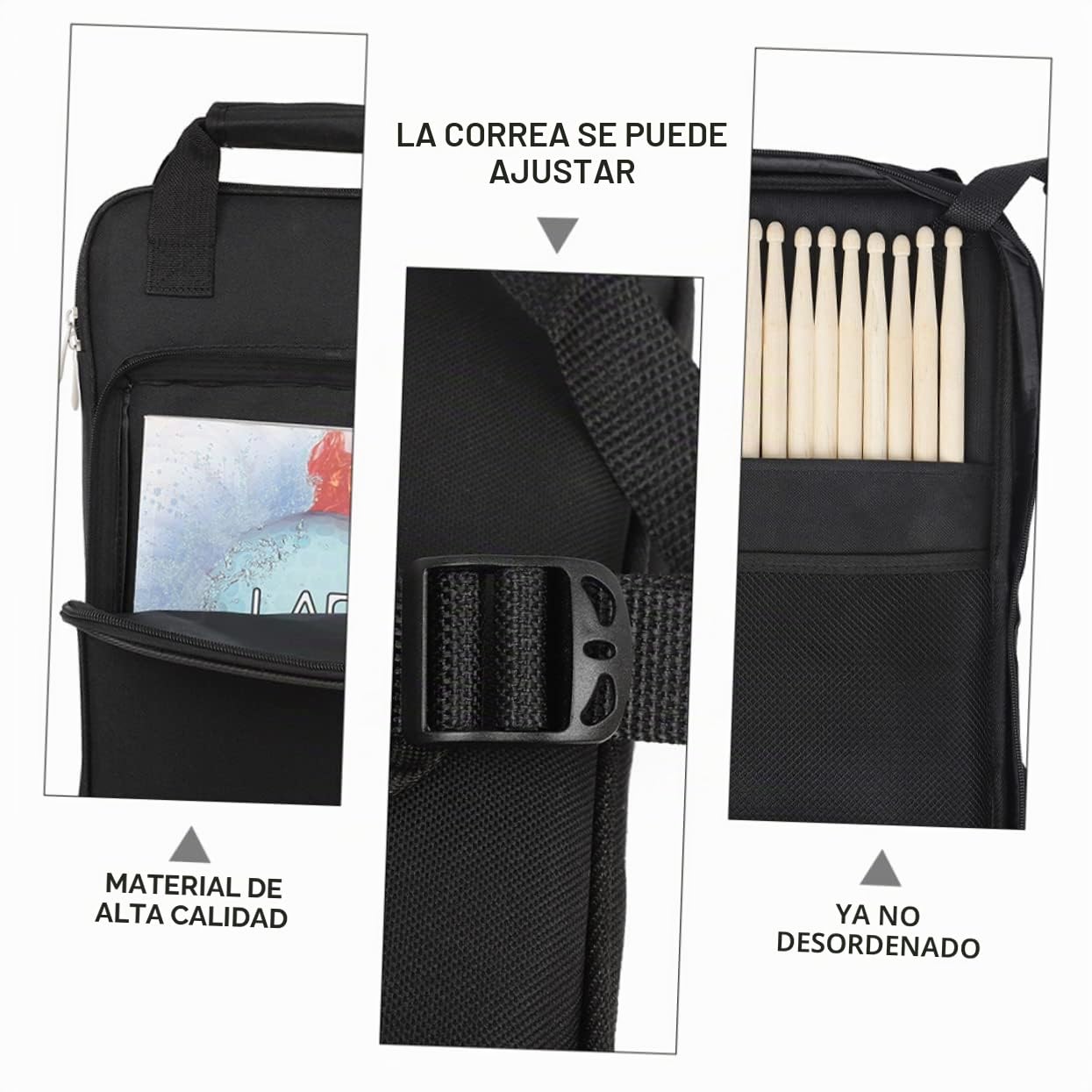Mochila para Baquetas de Tela Oxford Negra, Bolsa Multifuncional Bolsillo Frontal, Diseño Acolchado y Resistente al Agua para Almacenamiento de Instrumentos