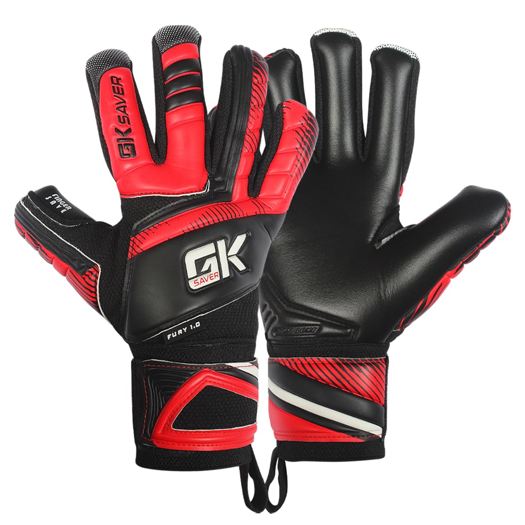 GK Saver Football Goalkeeper Gloves Sizes 6–11 with Negative Cut & Removable Finger Save – Soccer Goalie Gloves with German Latex Grip and Breathable Mesh Design (Fury Red, 3, Ambidextrous)