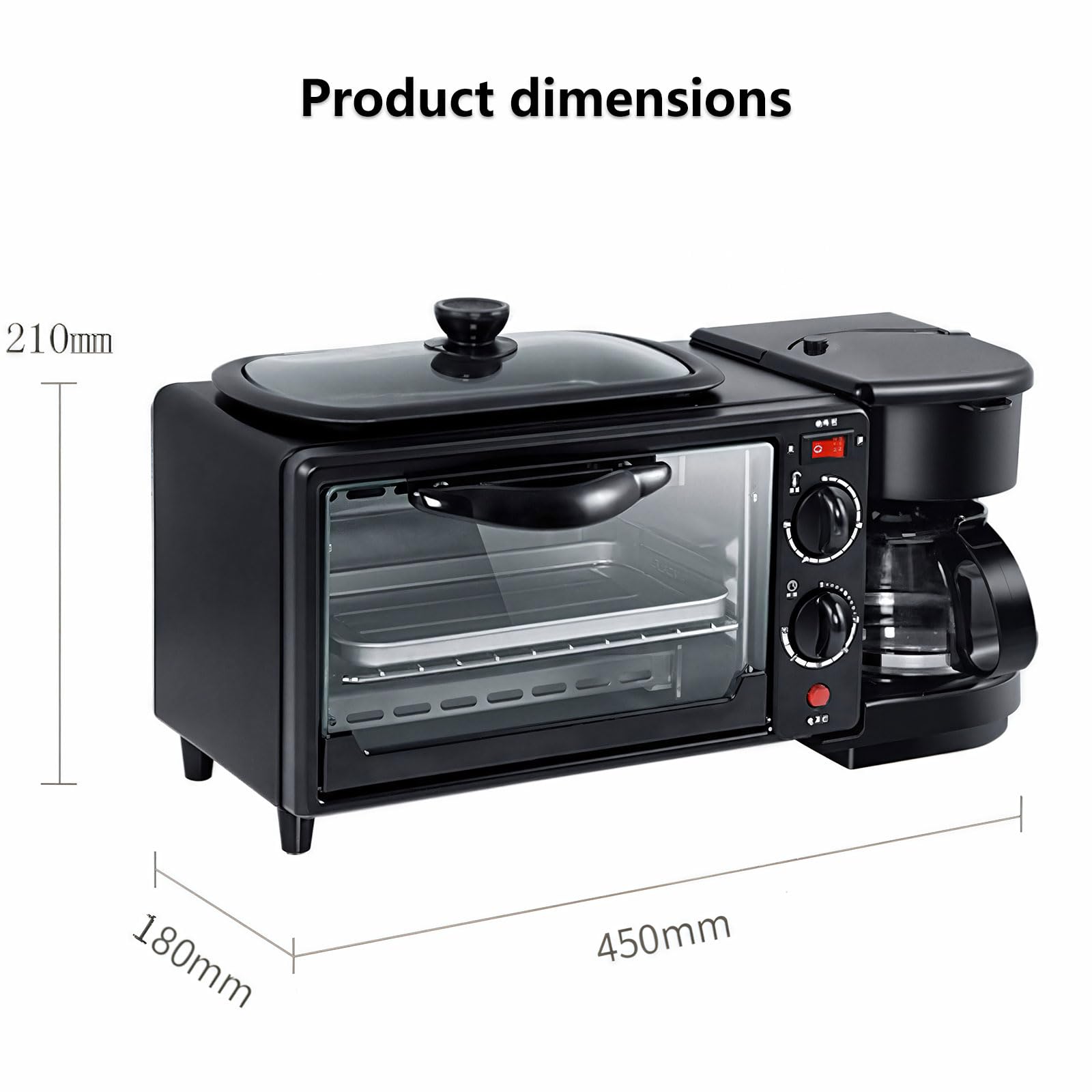 Stazione per la colazione a tre in uno, che combina forno, caffettiera e padella in una cucina domestica compatta essenziale. Dispositi di rivestimento antiaderente e design regolabile