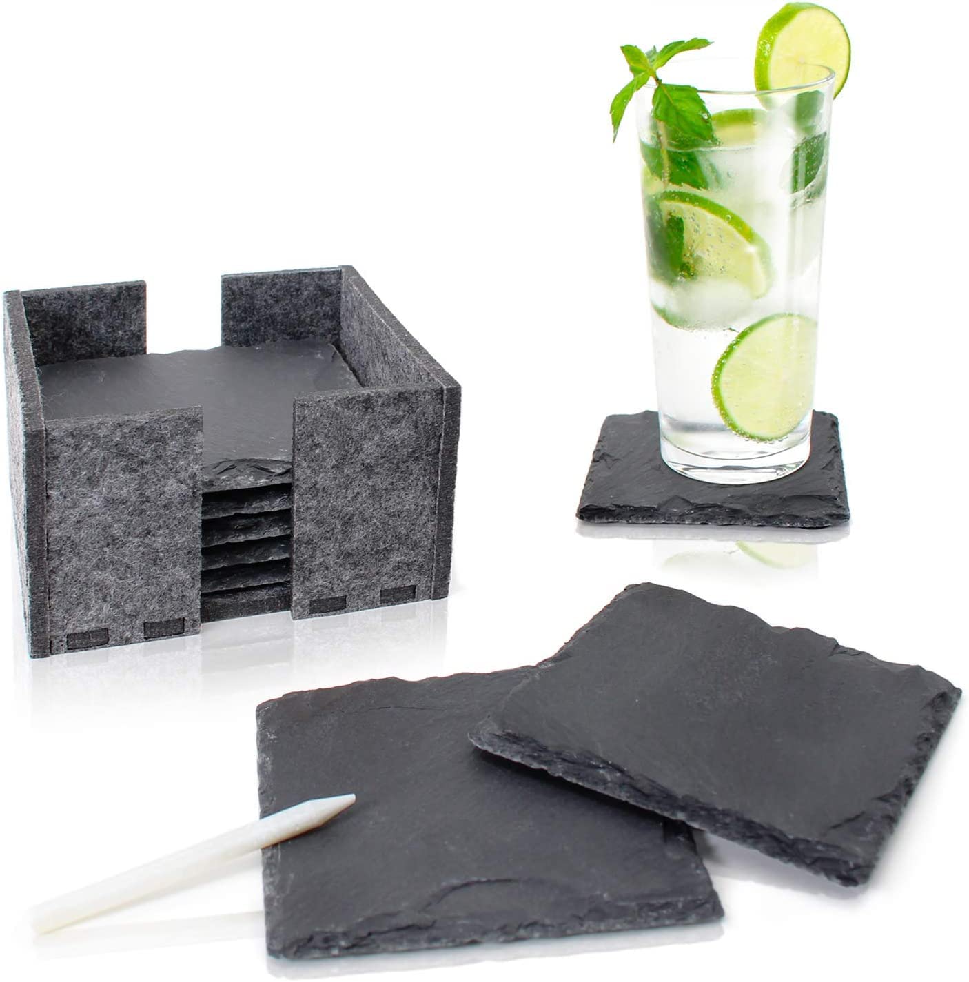 AMAZY Sottobicchieri in Ardesia (8 Pezzi) con Penna Gesso - Set sottobicchieri in Ardesia 100% Naturale con Supporto in Feltro - Ottima Idea Regalo (Quadrato| 10x10 cm)