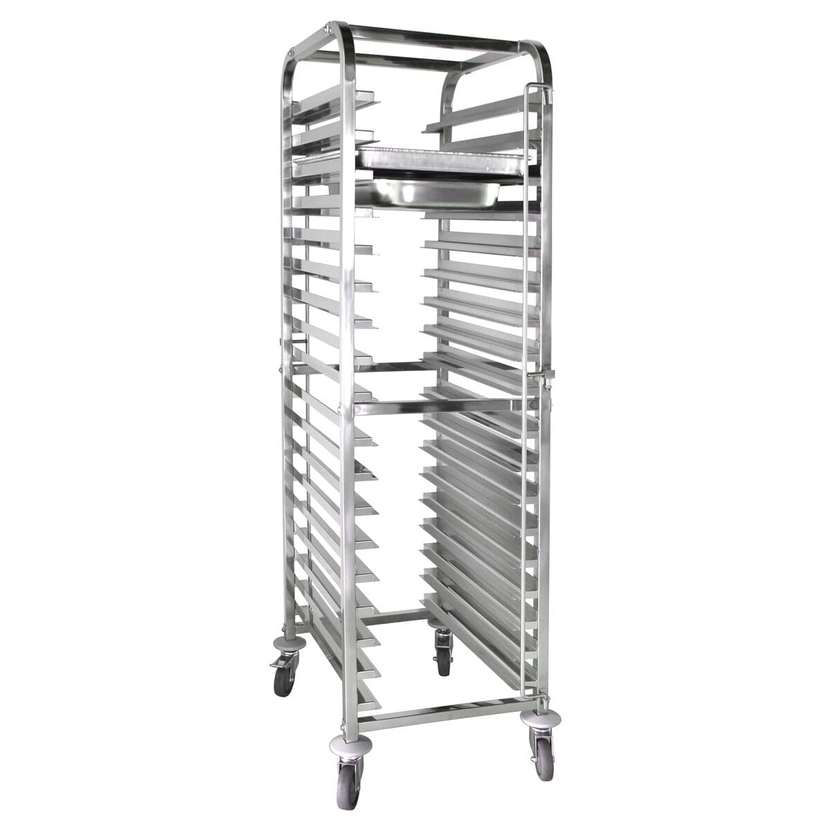 Tablettwagen - für 18 Tabletts GN 1/1 & EN 600x400 | Hochwertiger Edelstahl AISI 304, für den Dauereinsatz konzipiert, leichte Reinigung, sicher arretierbar, mobil einsetzbar