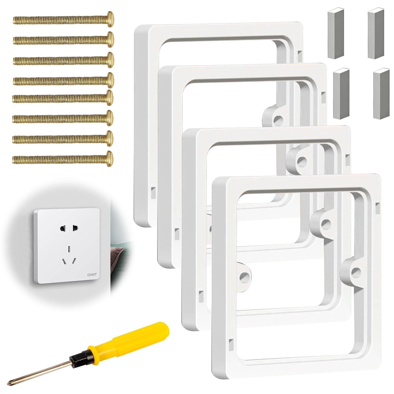 Xmshyodsm White Single Socket Spacer Socket Surround, 4Pcs Back Box Extender, 10Mm Stackable Square Spacer Frame Back Box Plate Light Switch Spacers For Light Switches Pattress Boxs Increased Installation Space