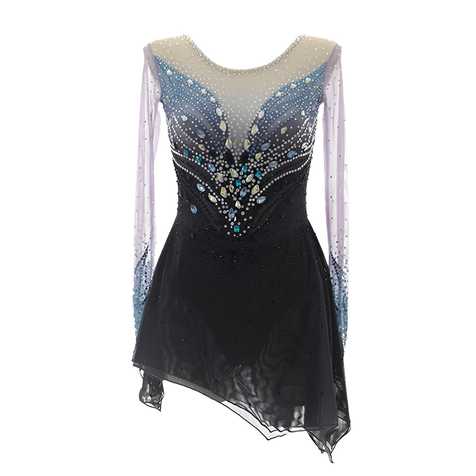 Girls' Long Sleeves Figure Skating Dress with Diamonds, Women's Competition Ice Skating Dress, Customizable(Large) Black