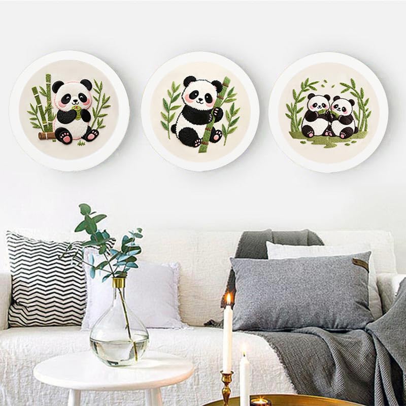 Image of Konrisa Panda Embroidery Starter Kit for Beginners, Cross Stitch Kit with 3pcs Embroidery Pattern, DIY Sewing Project Adult Needlepoint Kit with Hoop, Set of 3