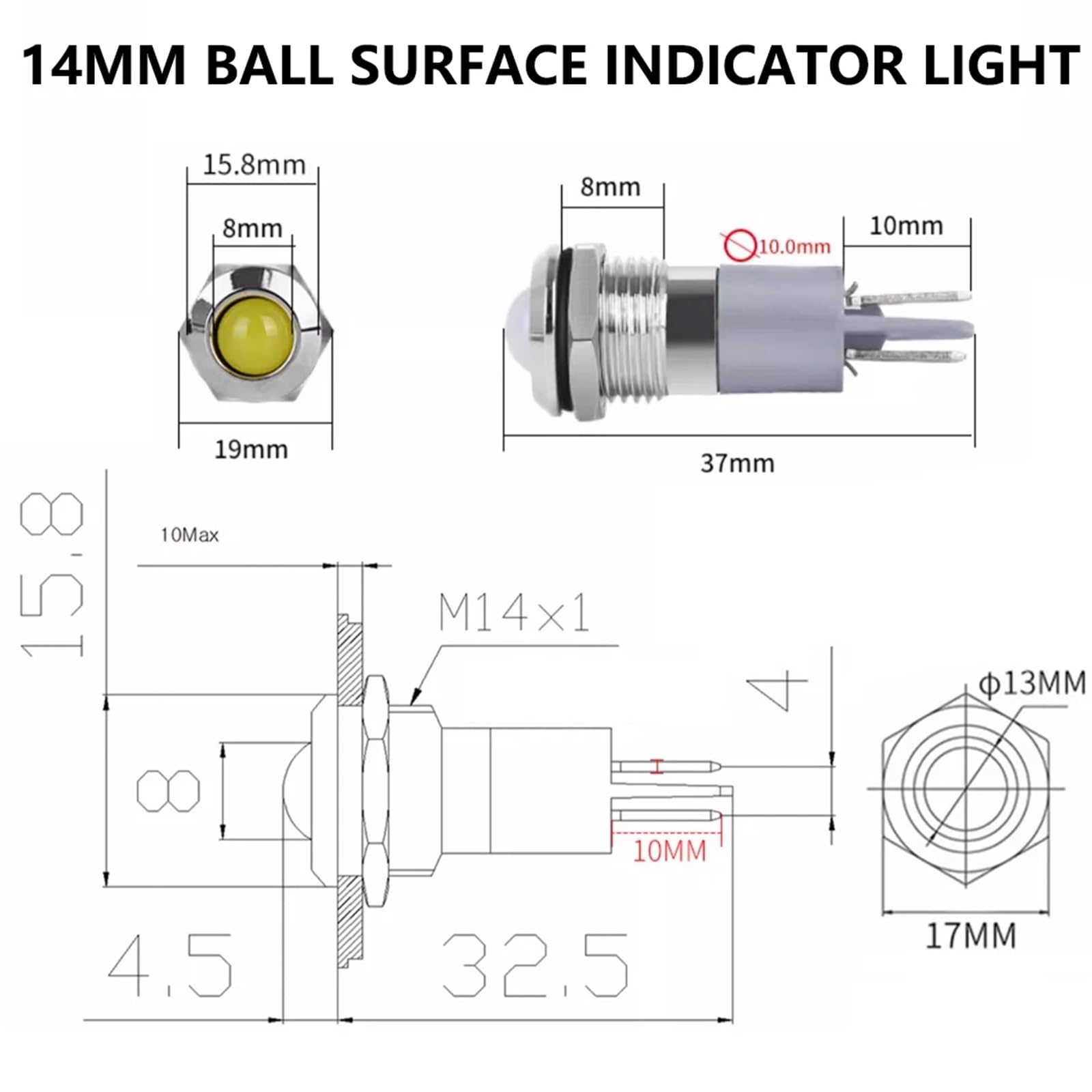 10pcs 14mm LED Luz Luz Metálica AC/DC 3~220V Mini Luz de Señalización IP65 Indicador Industrial Impermeable (Flat Red Light,3V-6V)