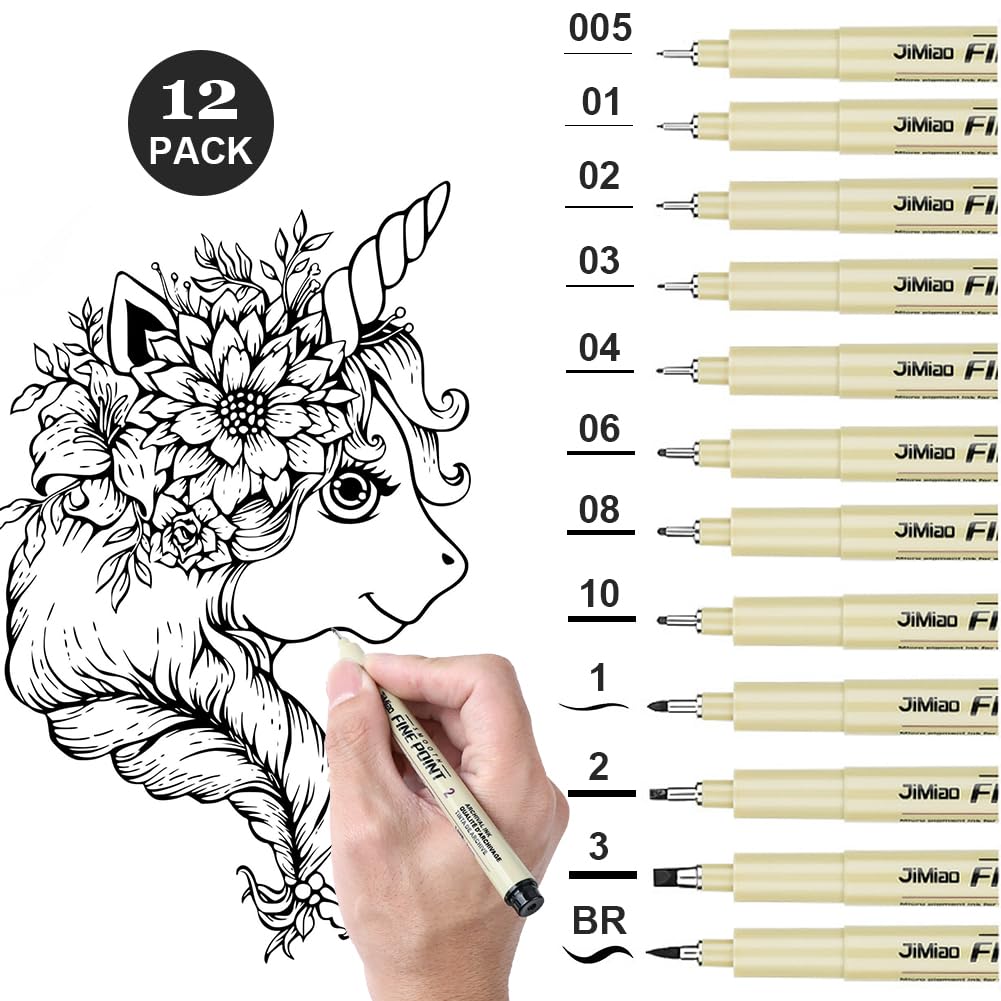 Penne Fineliner Girben Per Disegno - Set Da 12 Con Punte Diverse, Inchiostro A Base Acqua, Asciugatura Rapida - Foto 10