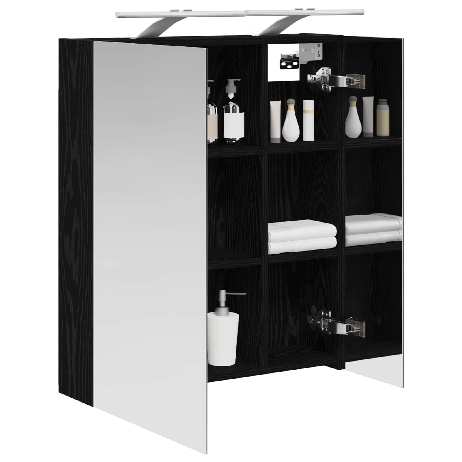 Szafka łazienkowa z lustrem w kolorze czarnym, imitacja dębu, materiał drewnopochodny, 60 x 14,5 x 70 cm, z miejscem do przechowywania, regałem, drzwiami i dwukierunkowym lustrem do łazienki