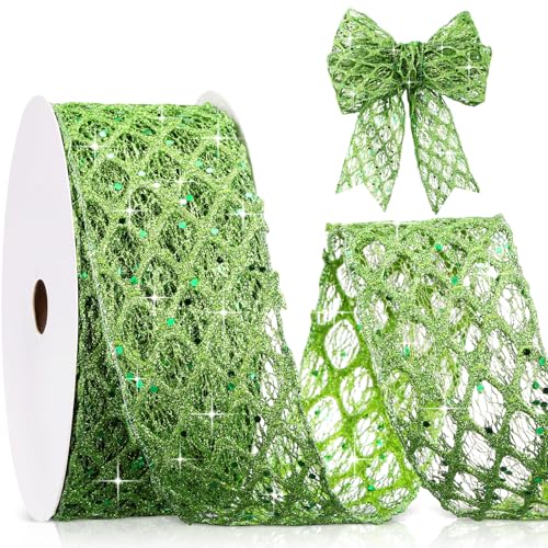 Geosar 20 Yards Green Glitter Mesh Wired Ribbon for St Patricks Day Decor Flower Bouquet Gift Wrapping DIY Craft St Patricks Day Tree Decoration (2.5 Inch)