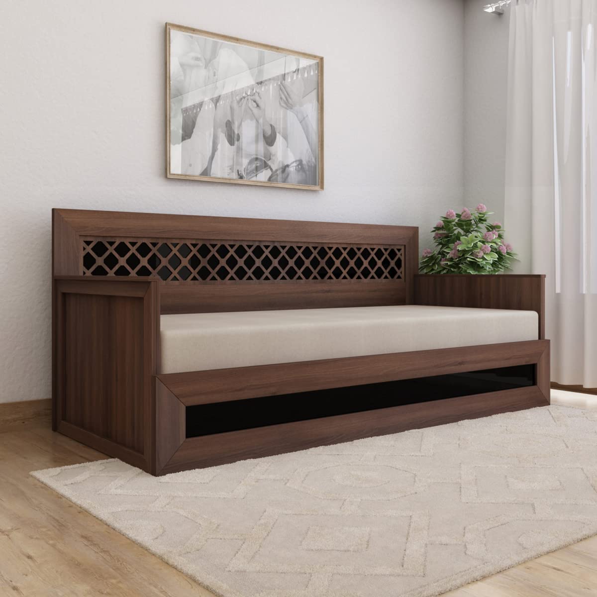 home centre helios lewis anne brown wooden convertible sofabed - 200cm length