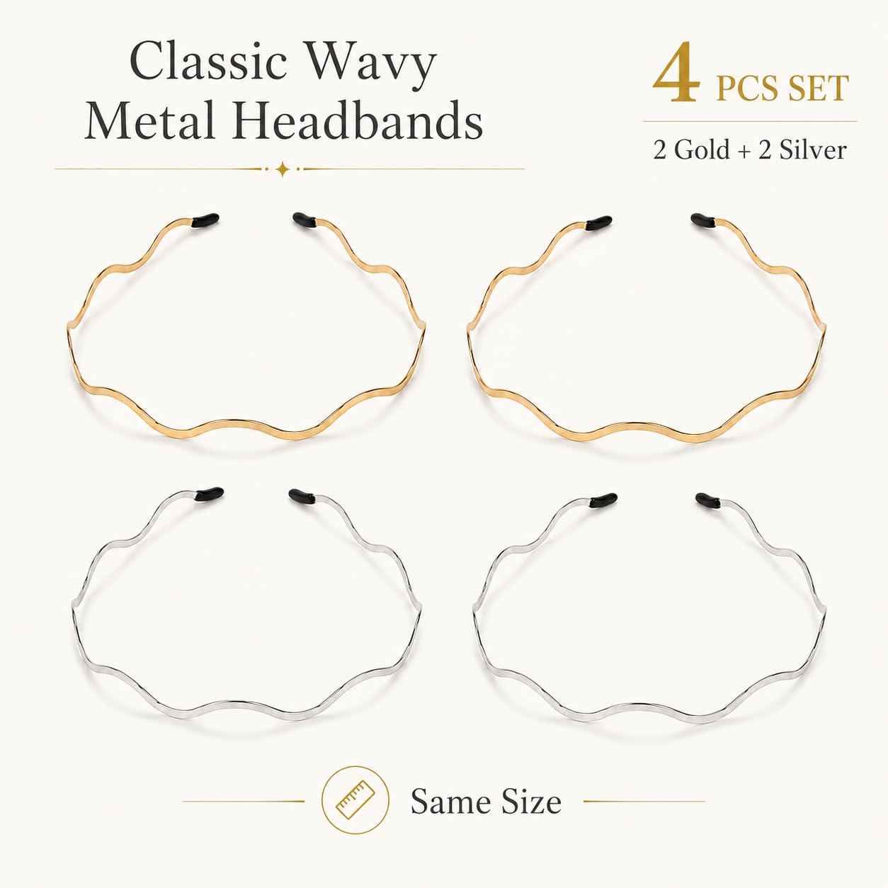 4 Pcs Thin Metal Headbands for Women, Gold Silver Wavy Wire Hair Bands, Skinny Fashion Hair Accessories with Black Tips for Daily Styling image 2