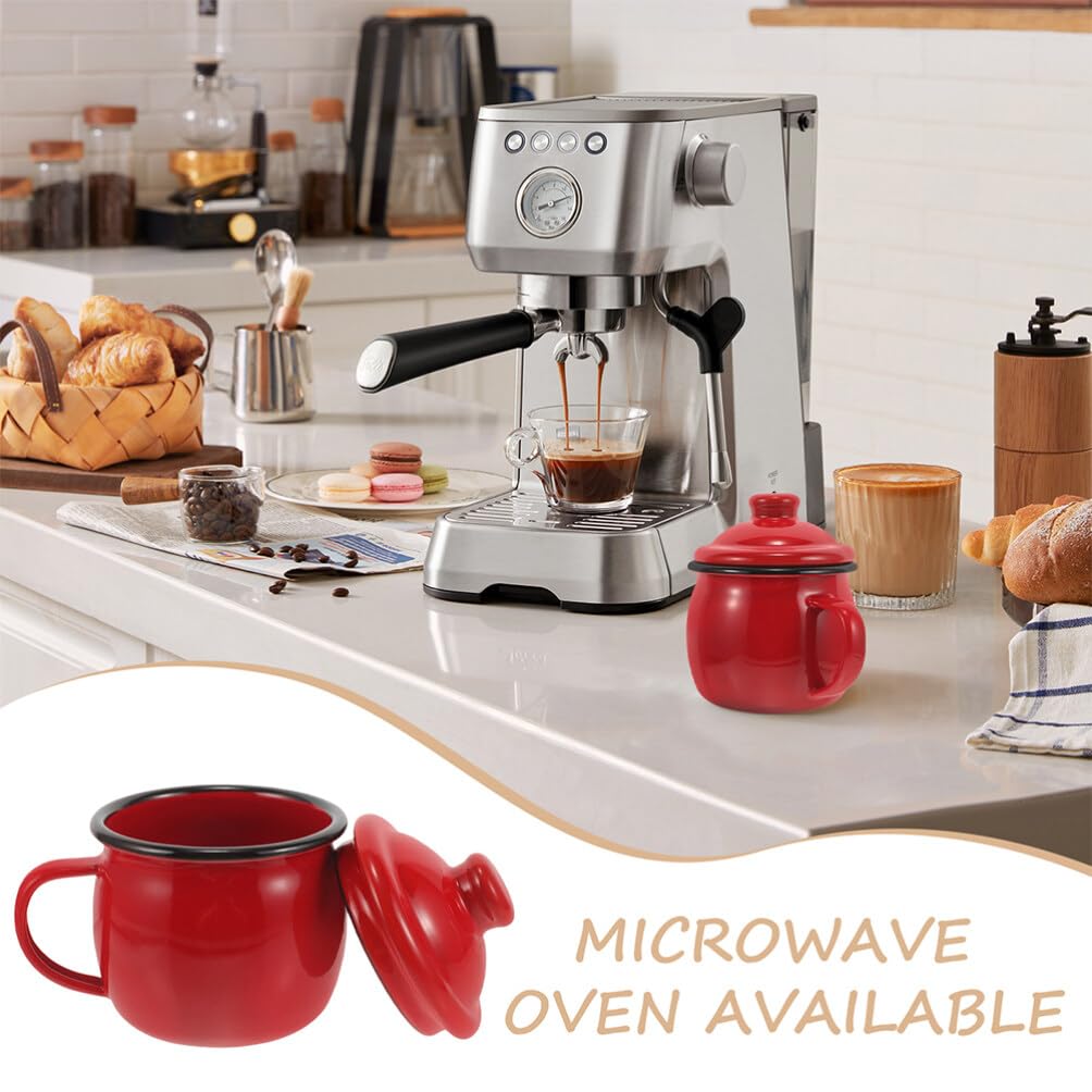 Halloween Mottoparty Emaille Kaffeebecher 2 Stück 580ml mit Deckel Rot | Leicht, Mikrowellengeeignet, Robust, für Reise und Büro, Schlichtes Design, Einfacher Transport, Emailliert