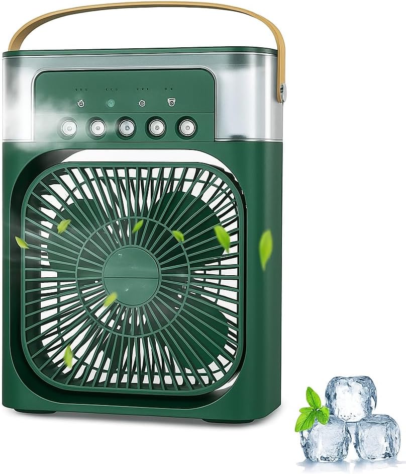 Portable Mini Air Cooler | 3-in-1 AC Fan with 3 Wind Speeds, 3 Spray Modes, LED Light & Timer | USB Powered Personal Cooling Fan for Office, Home, Dorm, Travel, Kitchen (Dark Green)