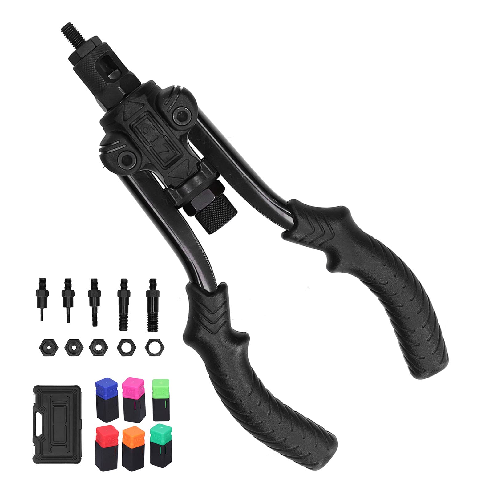 Juego de herramientas de remachado manual de tuercas con mandril M3 M4 M6 M8 M10 M12 Mango ergonómico antideslizante para reparación de automóviles Mantenimiento del hogar Acero