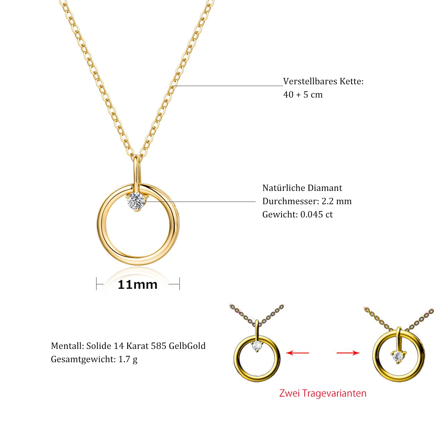 FANCIME Solide 14 Karat 585 Gelb Gold Kette Kreis Anhänger mit 0,045ct Natürliche Diamant, Geschenk Schmuck für Damen Mädchen, Verstellbares Kette: 40 + 5 cm