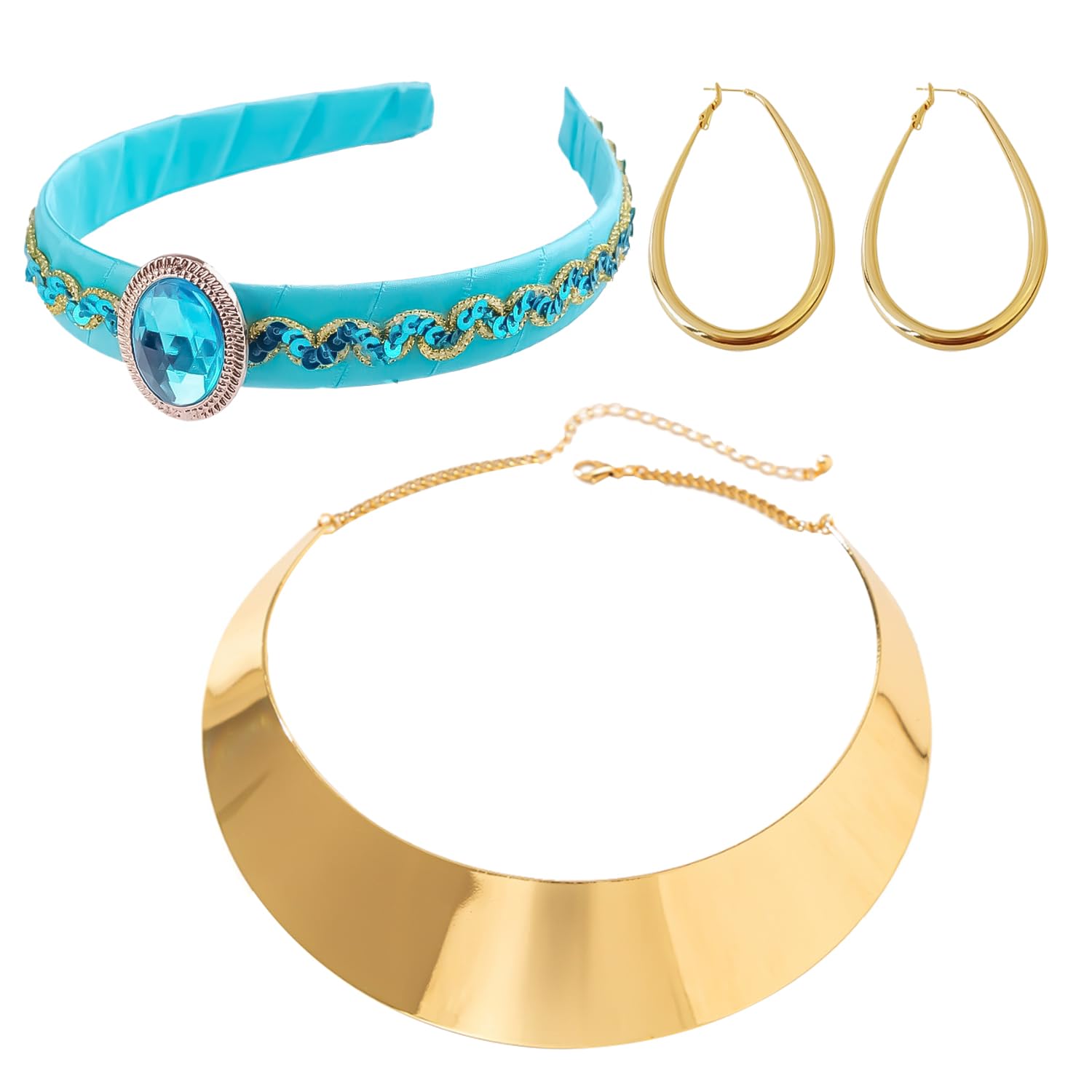 Nereds 3pcs Arabian Princess Costume Accessories Headband Geometric Necklace Gold Earrings for Halloween Cosplay